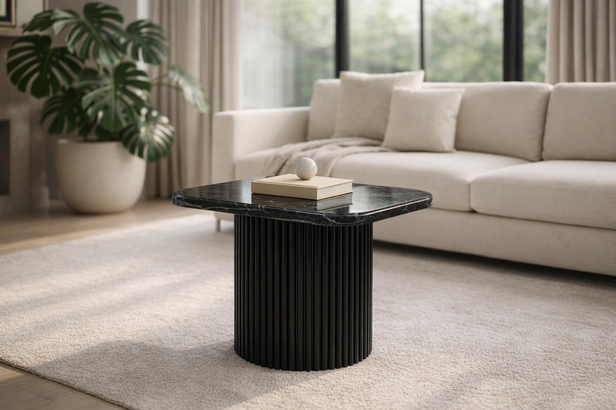 Black Marble Coffee Table with Fluted Base