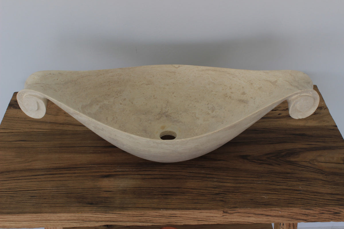 Scroll-Edge Beige Travertine Vessel Sink - Hand-Carved Sculptural Basin