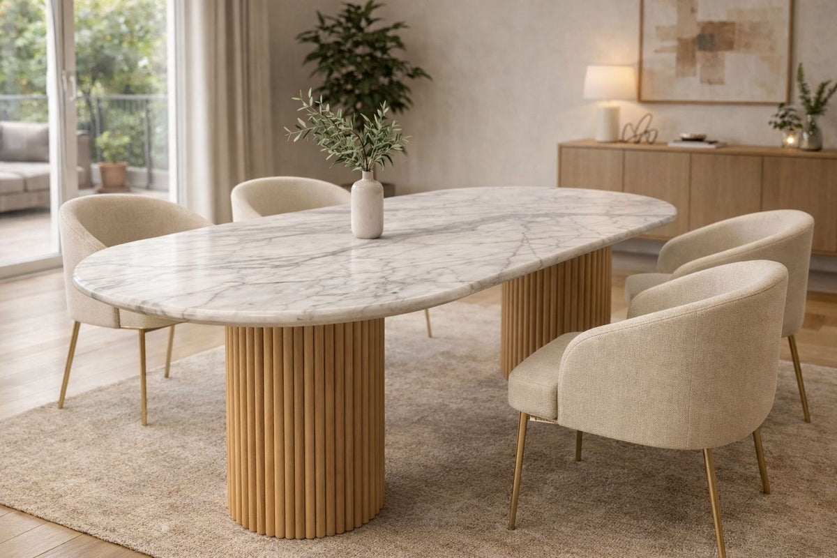 Calacatta Marble Oval Dining Table with Fluted Wood Base