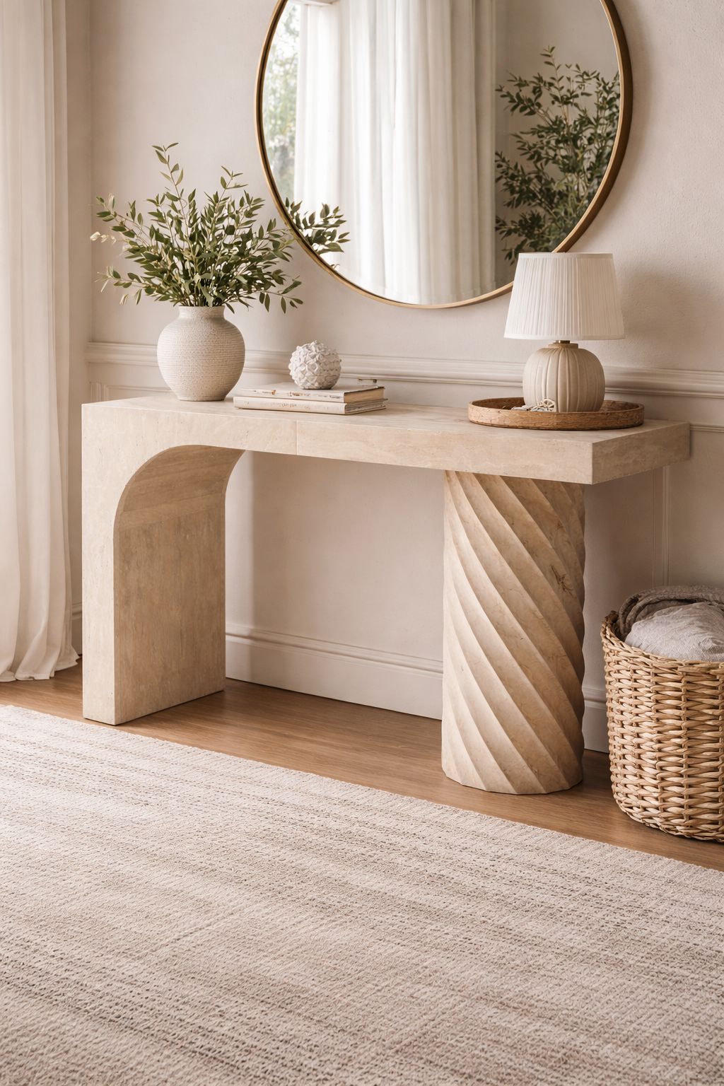 Travertine Arch Console Table with Twisted Leg