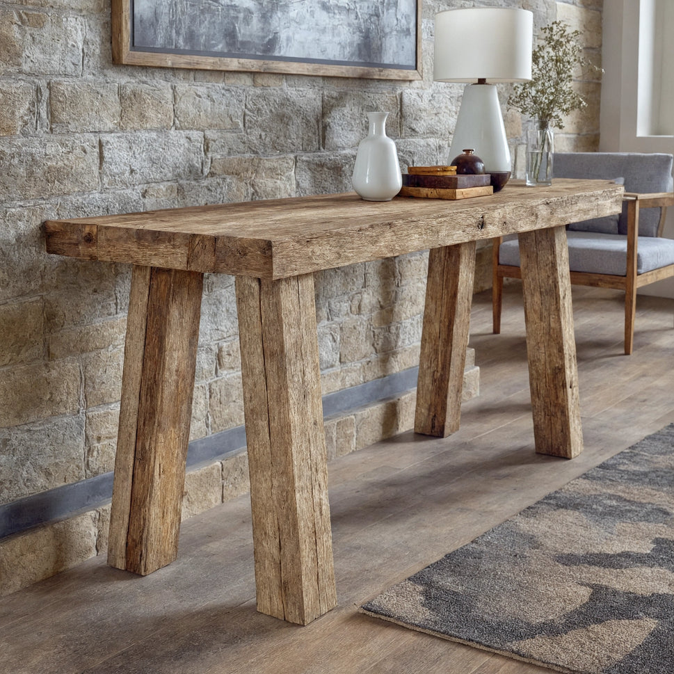 Splayed Leg Beam Console Table - Rustic Entryway Live Edge