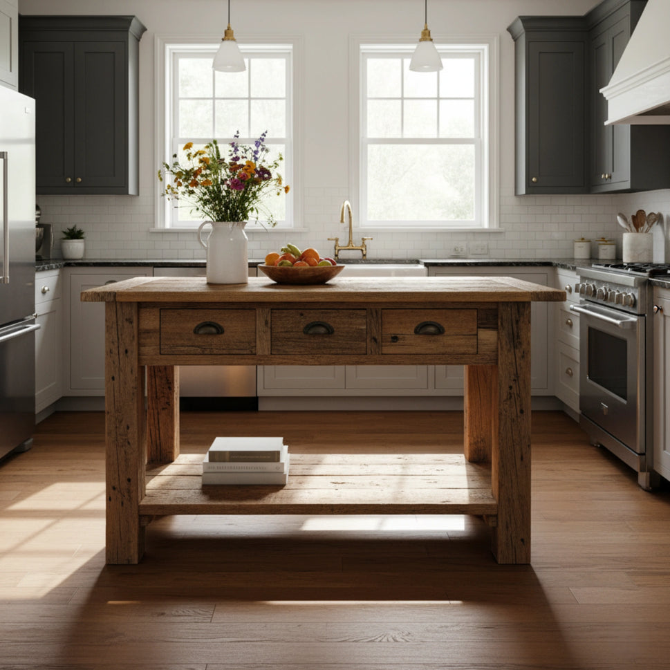 Large Kitchen Island with Drawer Storage - Rustic Farmhouse Live Edge