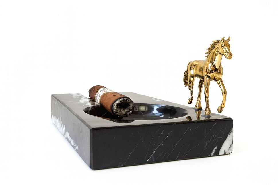 Black Marble Cigar Ashtray with Brass Figure
