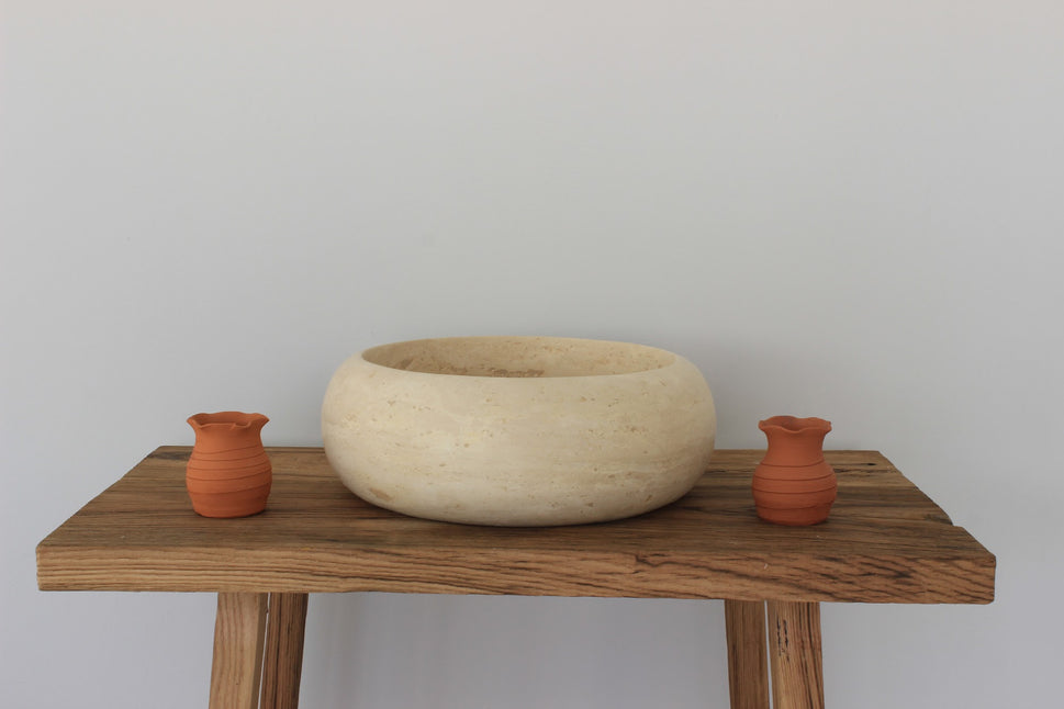 Hand-Carved Zen Pebble Limestone Vessel Sink – Round Matte Cream Natural Stone Basin