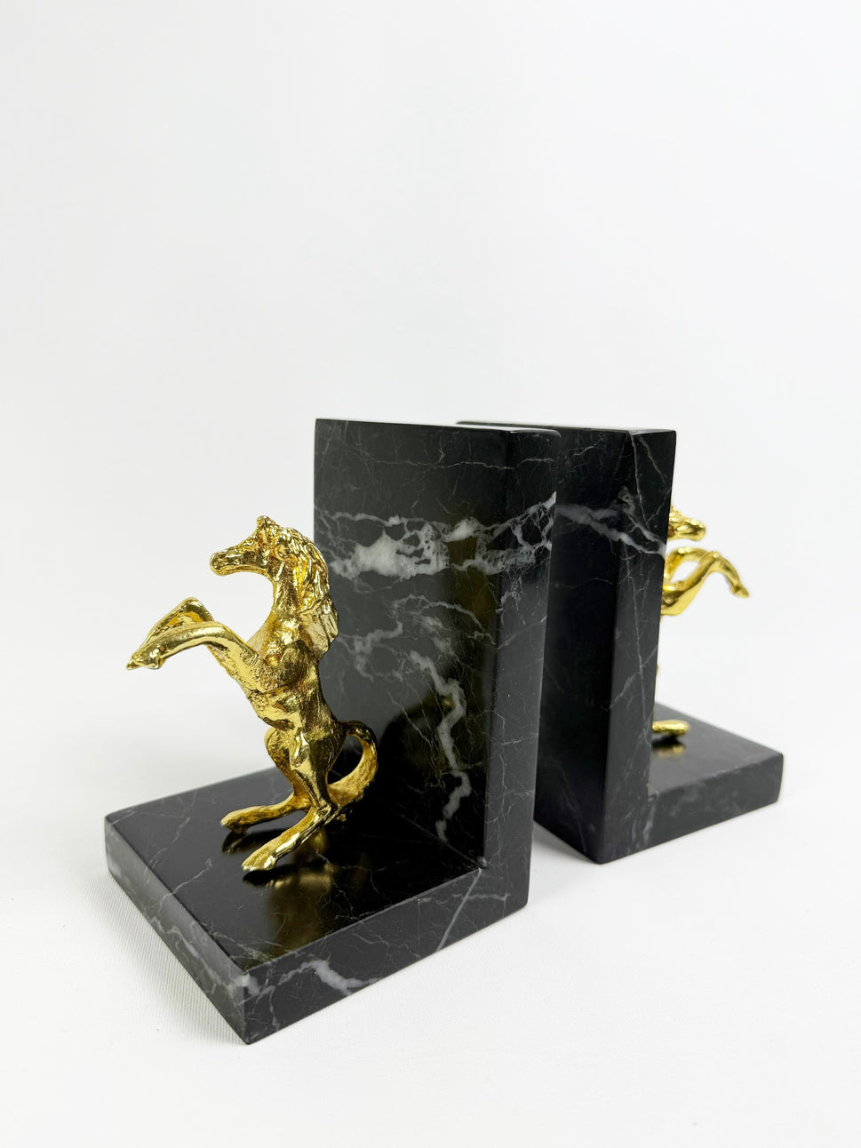 Black Marble Bookends with Brass Horses
