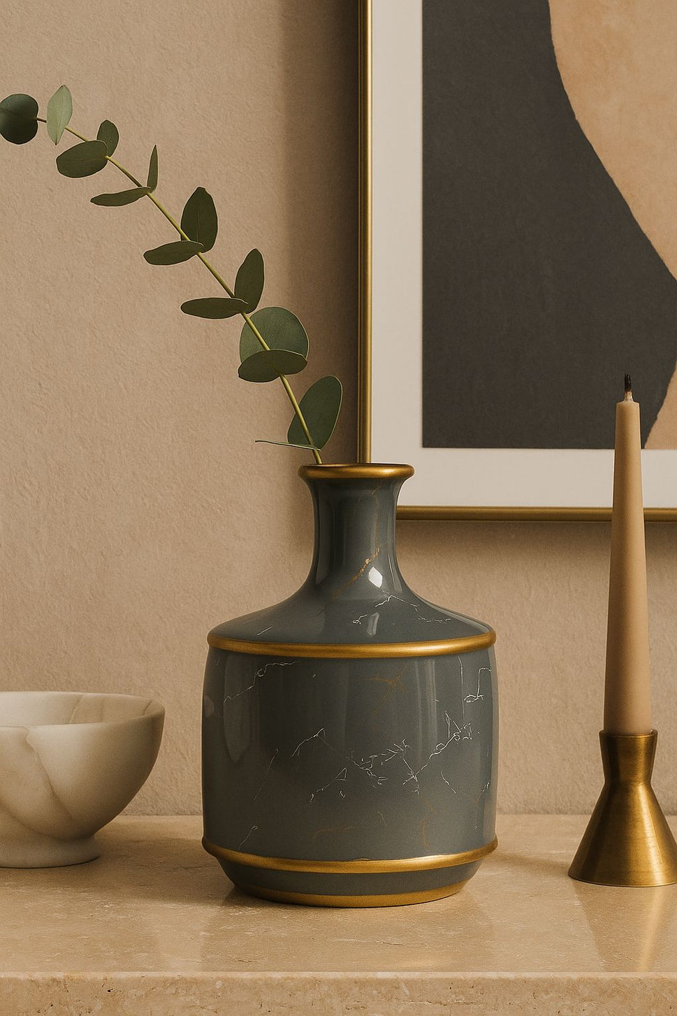 Grey Marble Vase with Gold Rim