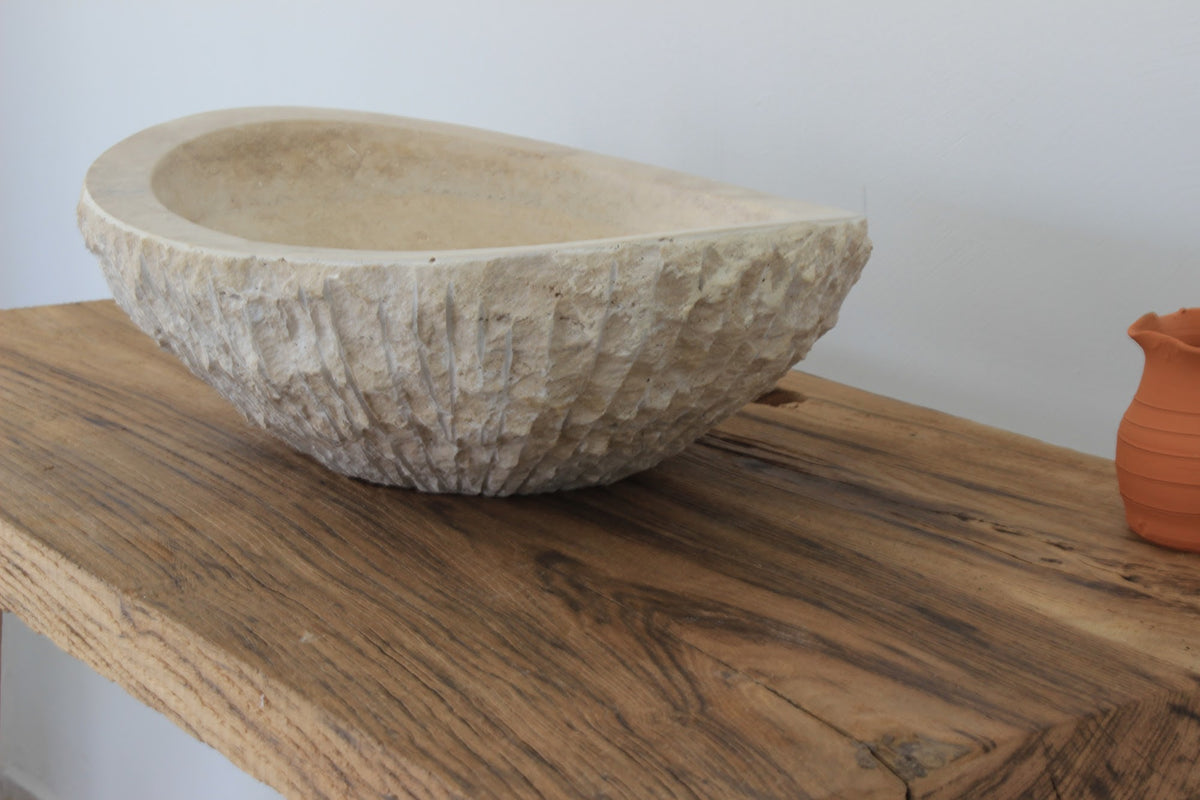 Hand-Carved Raw Chiseled Travertine Vessel Sink – Oval Organic Natural Stone Basin