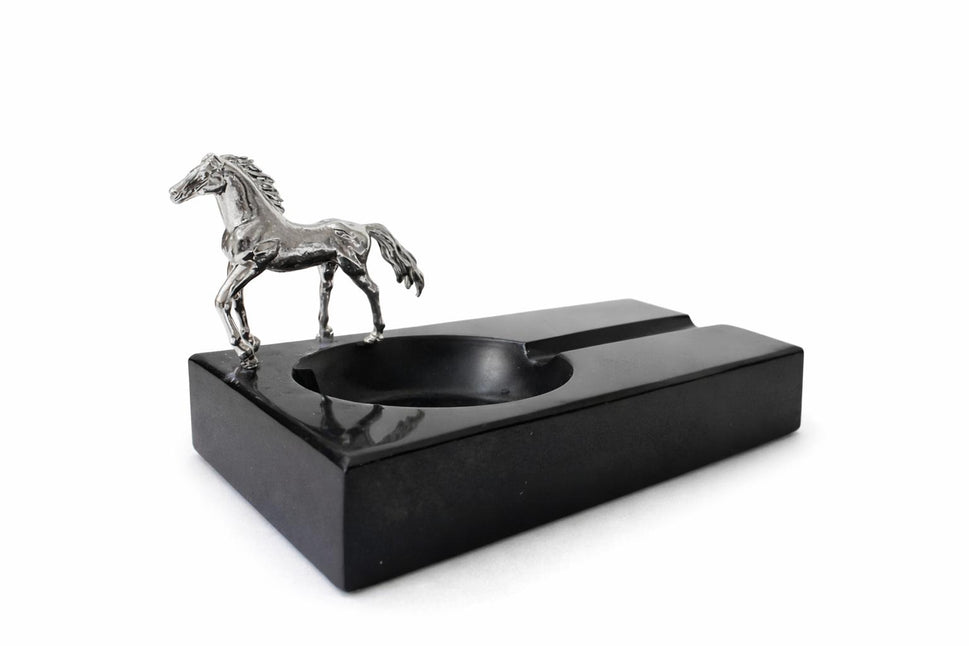 Black Marble Cigar Ashtray with Brass Figure