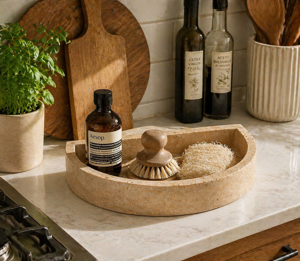 Half-Moon Travertine Catchall Tray
