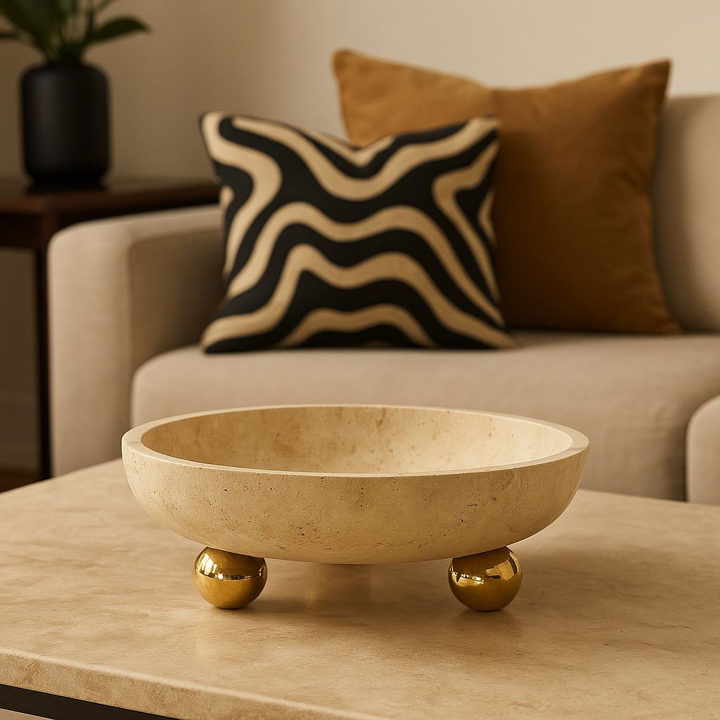 Travertine Bowl with Gold Ball Feet