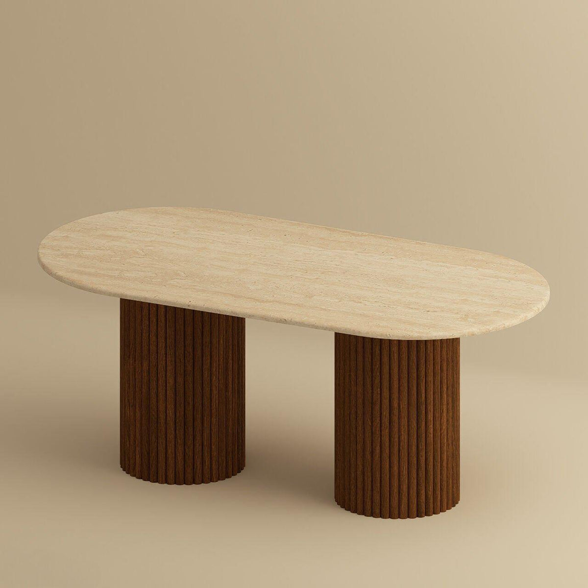 Oval Travertine Coffee Table with Fluted Wood Legs