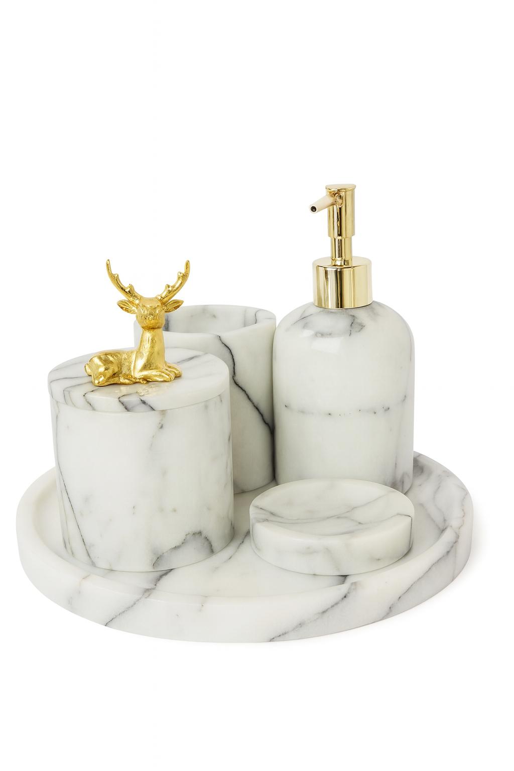 White Marble Bathroom Set with Round Tray