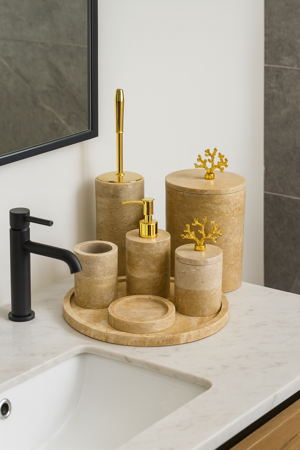 Beige Travertine 6-Piece Bathroom Set with Toilet Brush