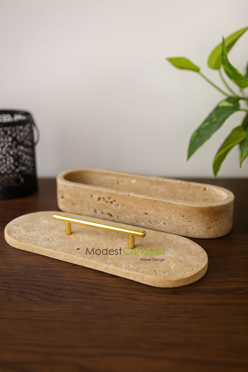 Travertine Oval Tray with Brass Handle