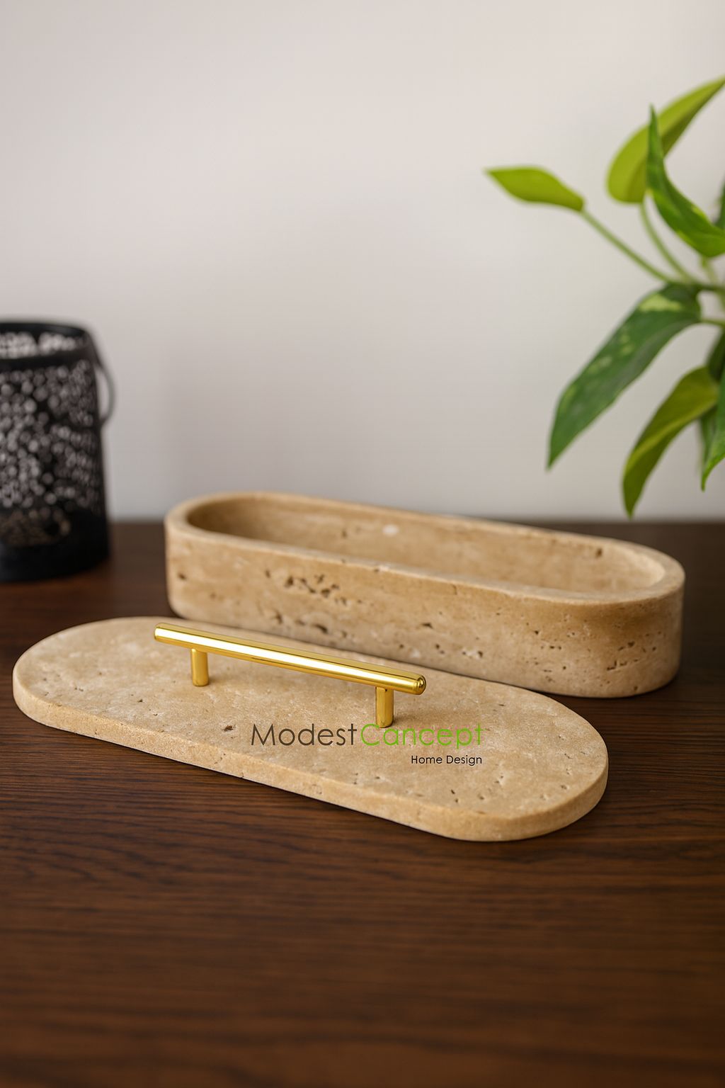 Travertine Oval Tray with Brass Handle
