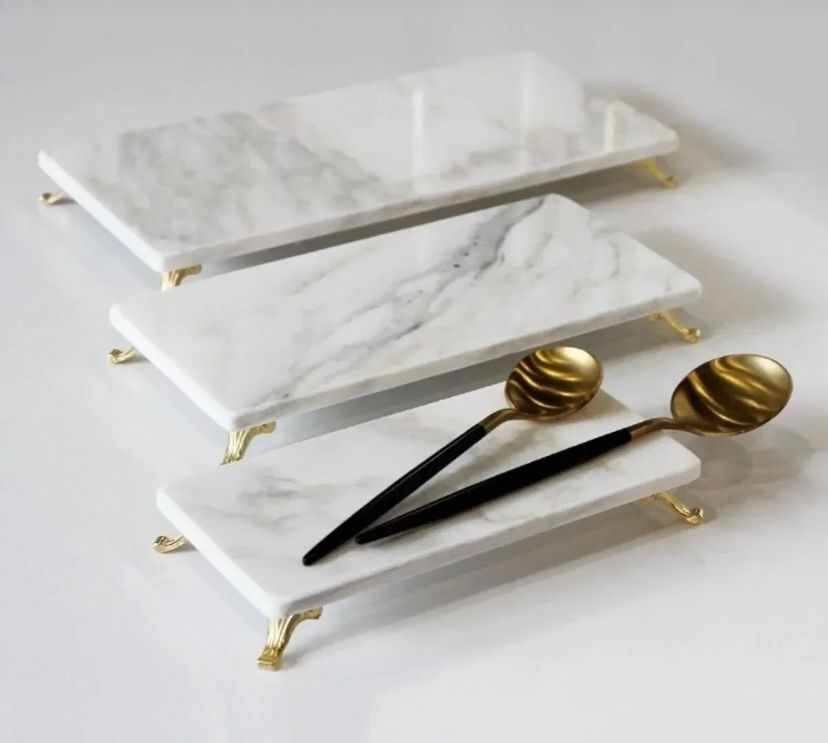 White Marble Footed Serving Tray Set