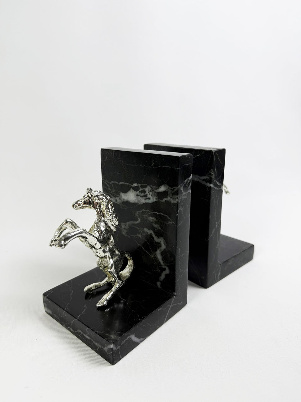 Black Marble Bookends with Brass Horses