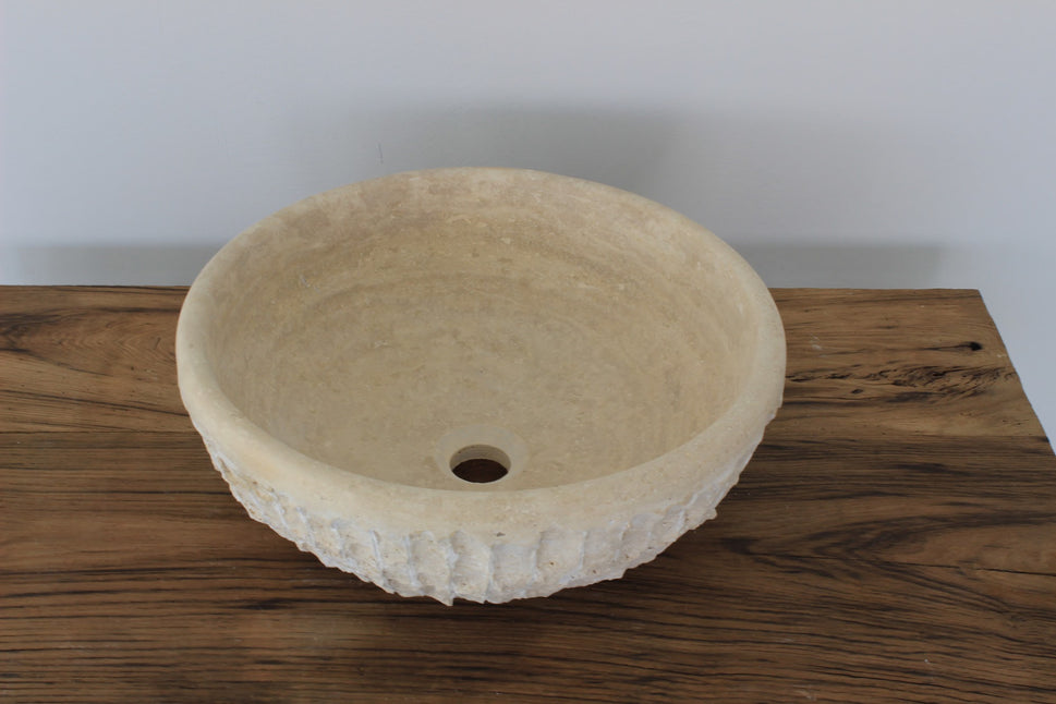 Natural Travertine Round Vessel Sink - Hand-Chiseled Raw Stone Basin