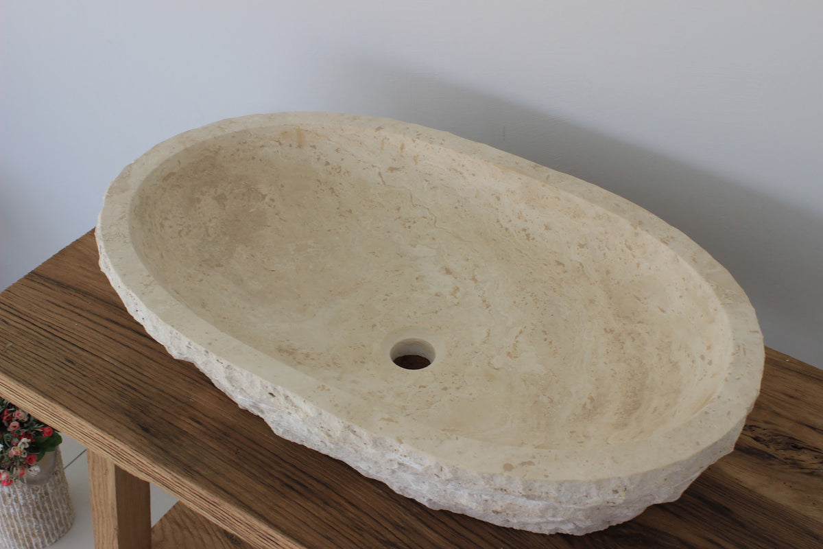 Hand-Carved Oval Travertine Vessel Sink – Honed Cream Natural Stone Basin