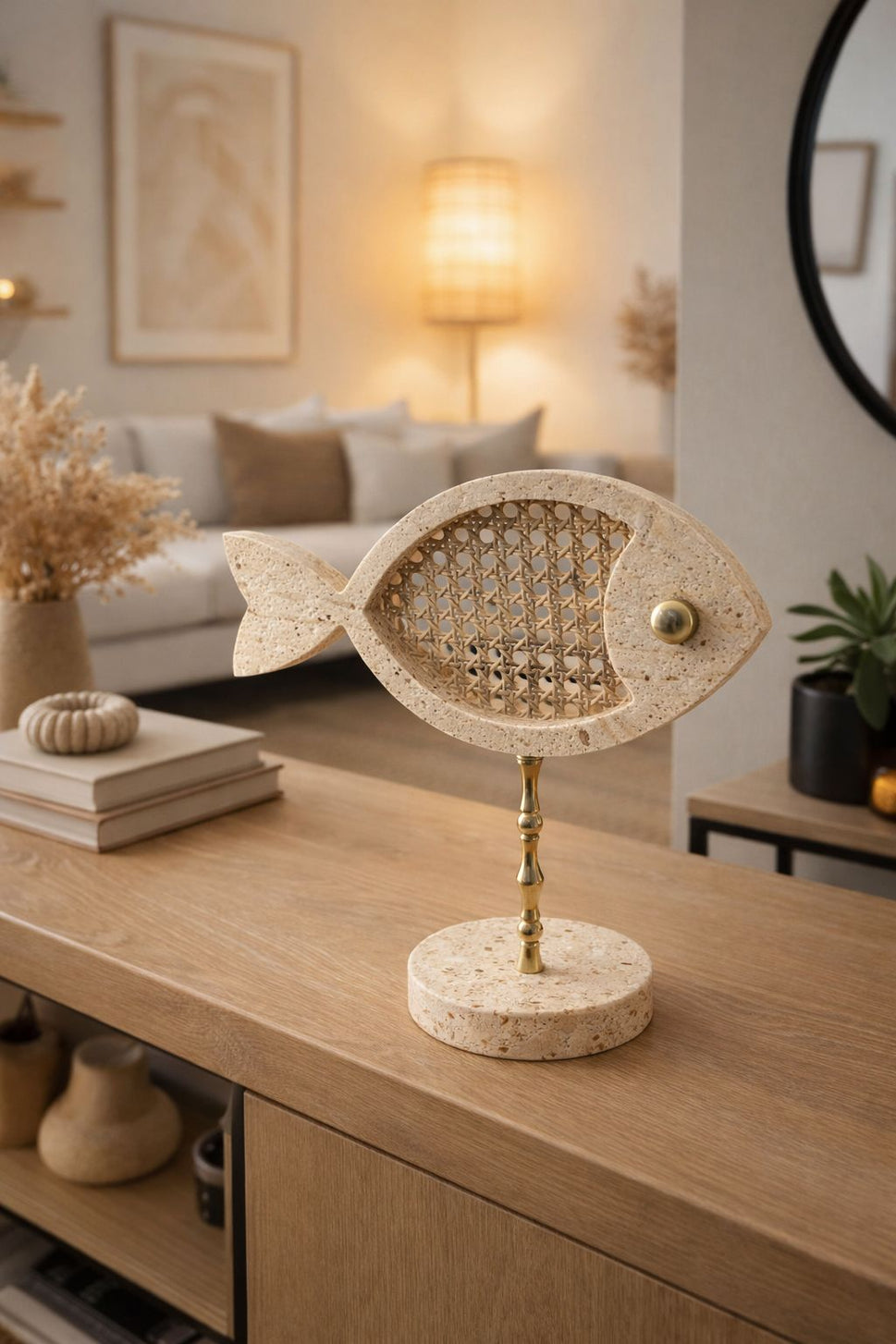 Travertine Fish Pair with Rattan Inlay on Brass Stand