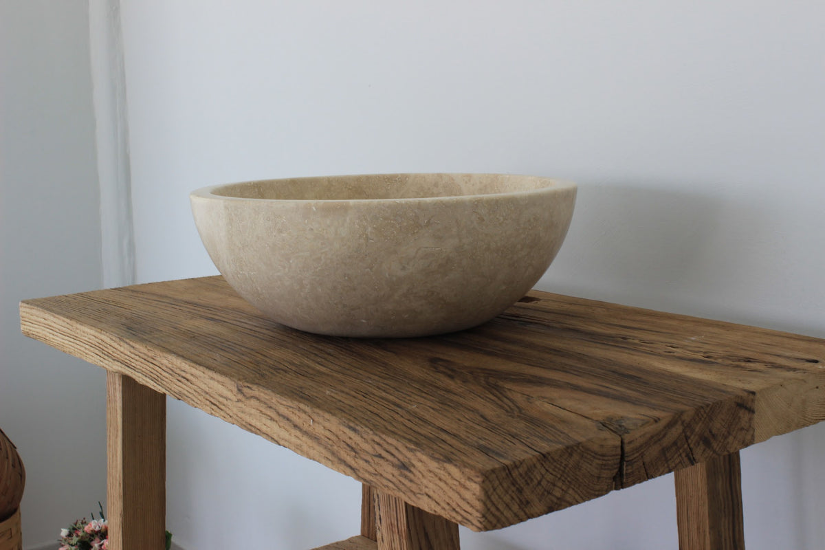 Hand-Carved Classic Round Travertine Vessel Sink – Polished Beige Natural Stone Basin