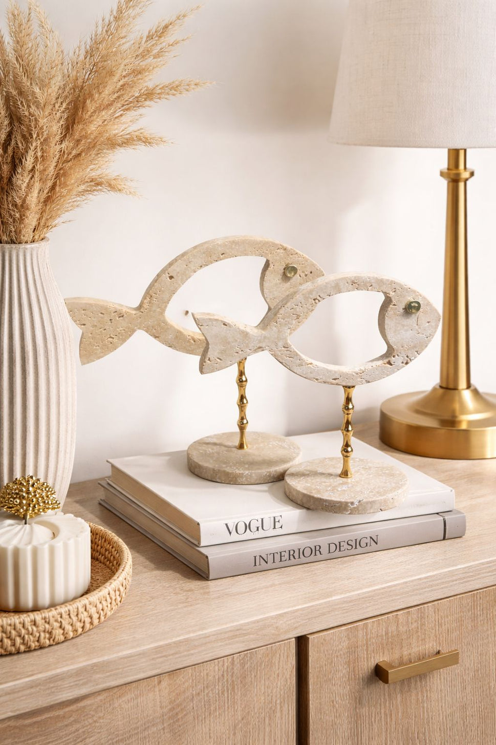 Travertine Fish Pair with Rattan Inlay on Brass Stand