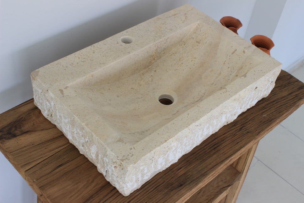 Northew Modern Honed Travertine Sink - Square Design with Faucet Deck