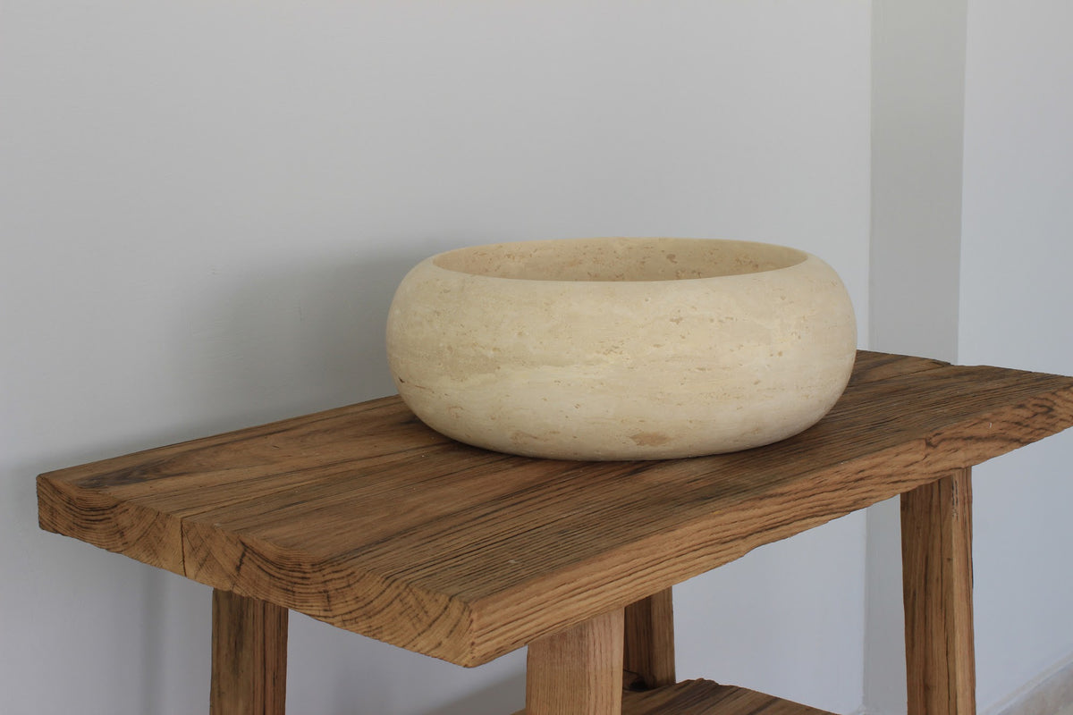 Hand-Carved Zen Pebble Limestone Vessel Sink – Round Matte Cream Natural Stone Basin