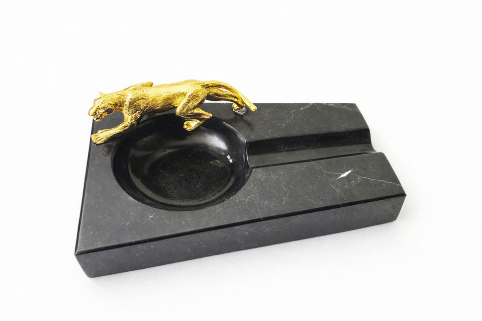 Black Marble Cigar Ashtray with Brass Figure
