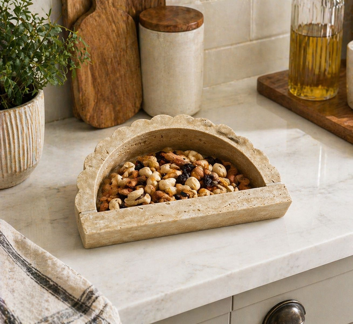 Scalloped Half-Moon Travertine Tray