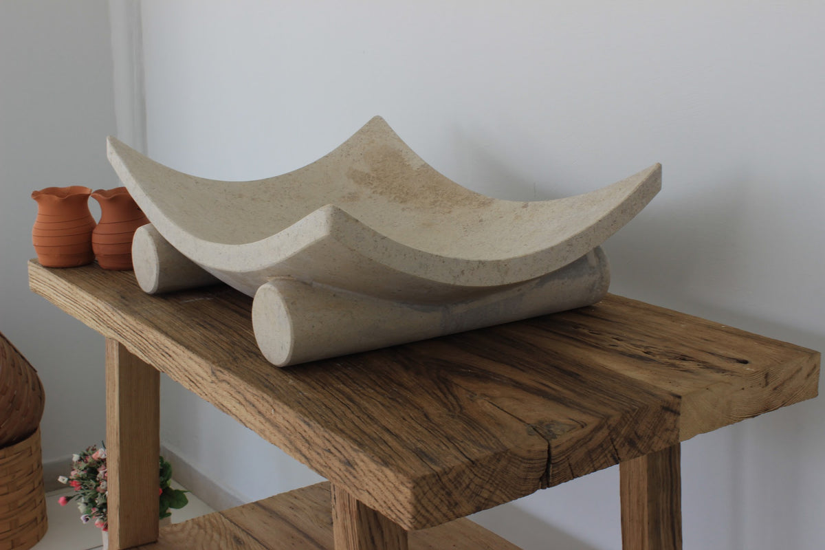 Curved Travertine Vessel Sink on Cylinder Feet