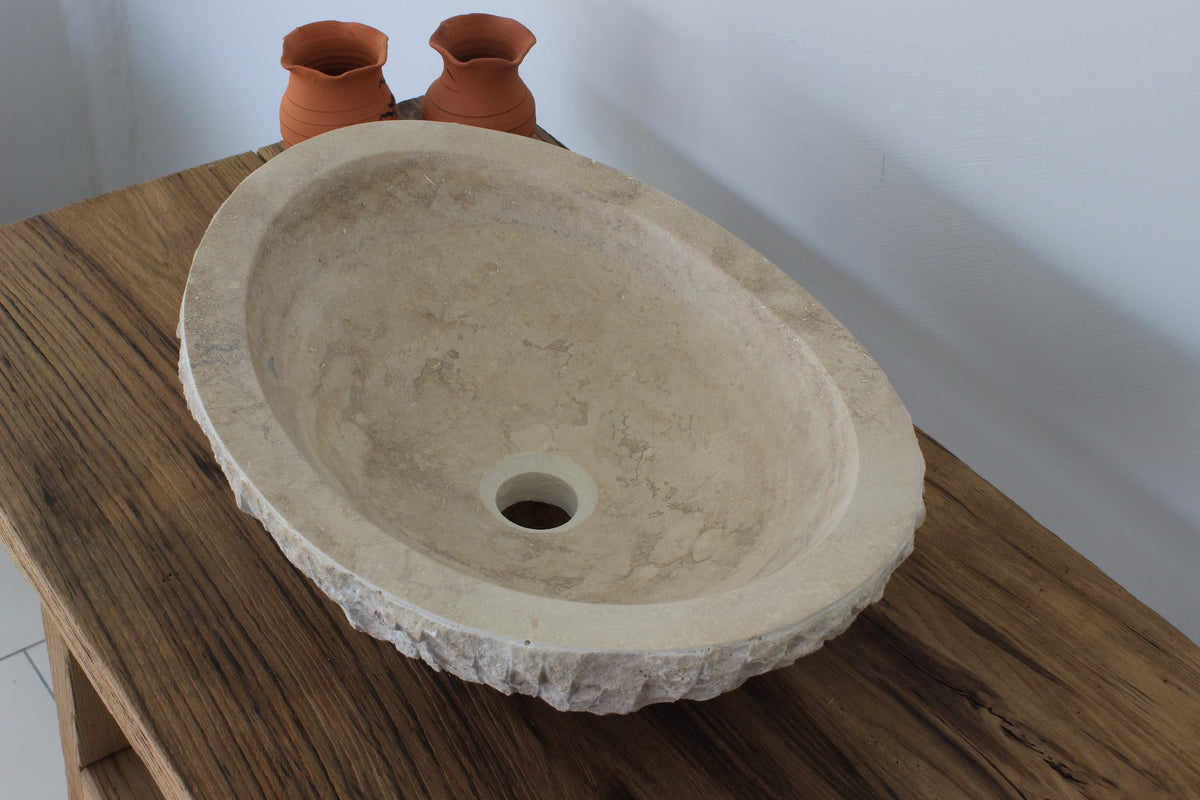 Hand-Carved Raw Chiseled Travertine Vessel Sink – Oval Organic Natural Stone Basin