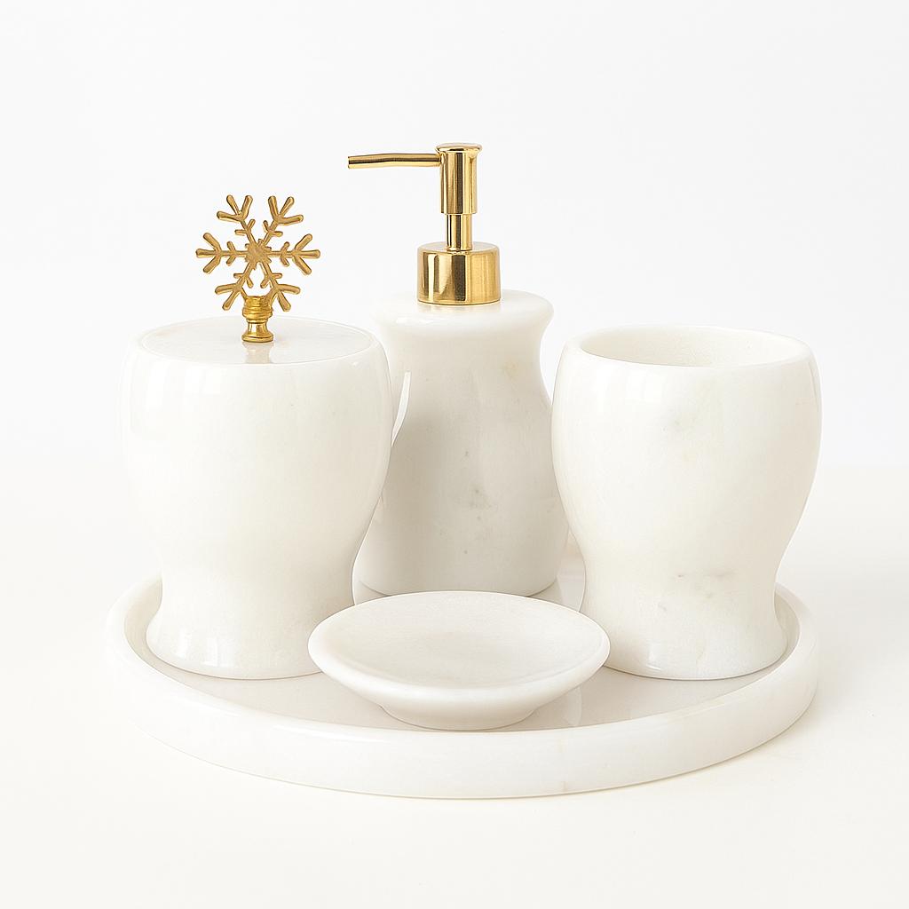 White Marble Bathroom Set with Round Tray