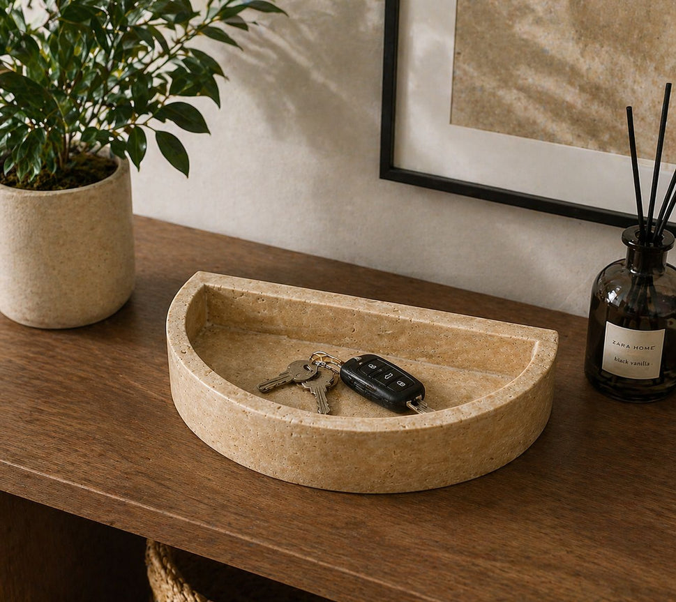 Half-Moon Travertine Catchall Tray