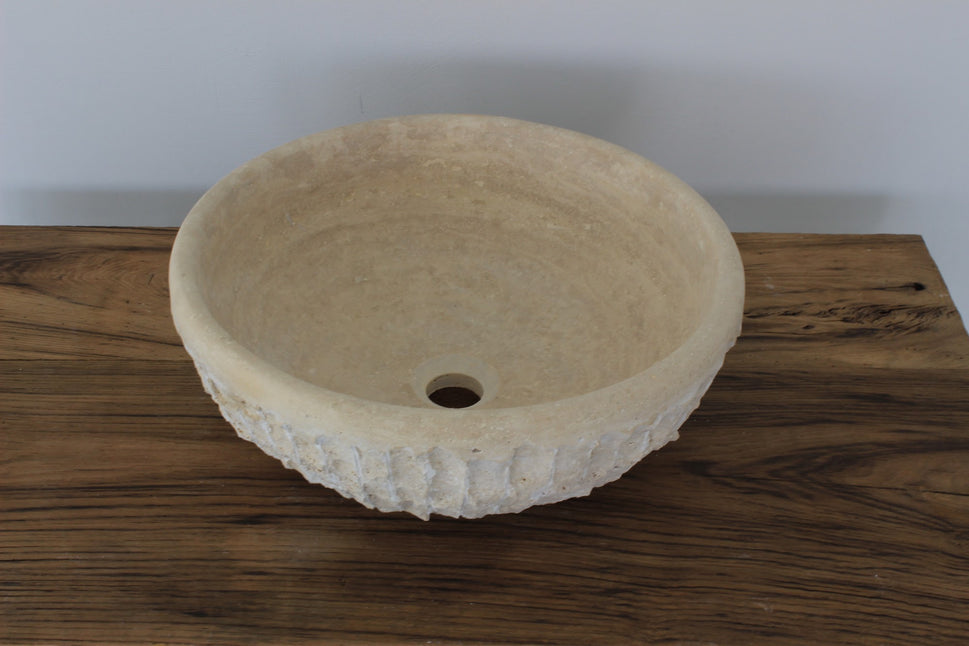 Natural Travertine Round Vessel Sink - Hand-Chiseled Raw Stone Basin