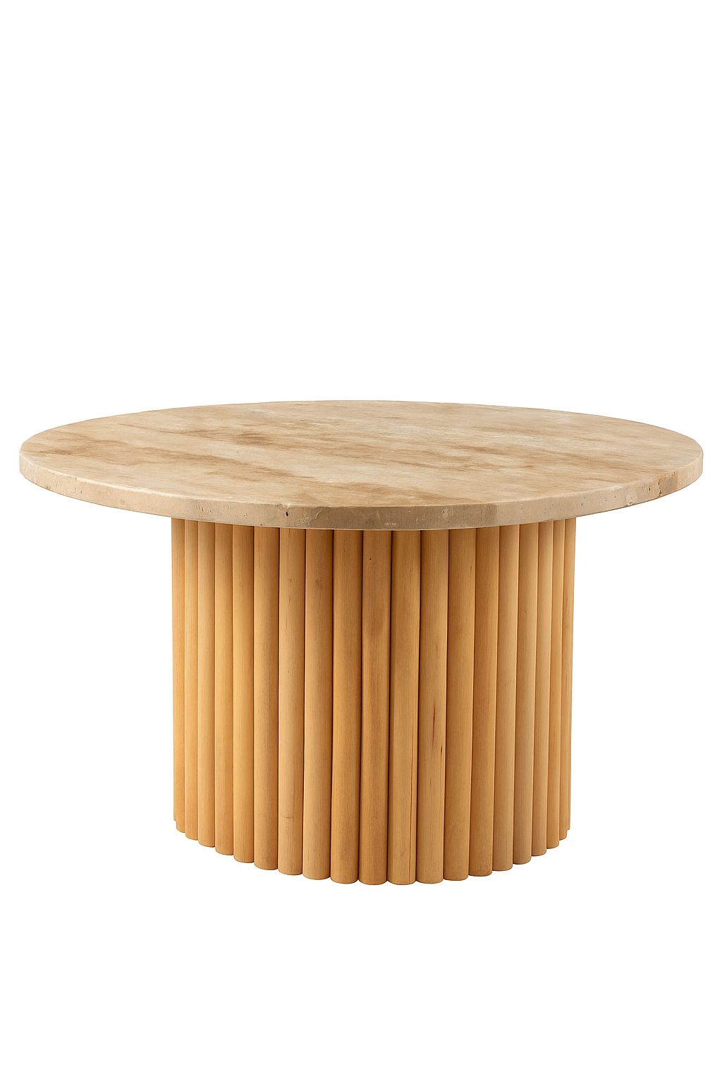 Round Travertine Coffee Table with Fluted Wood Base