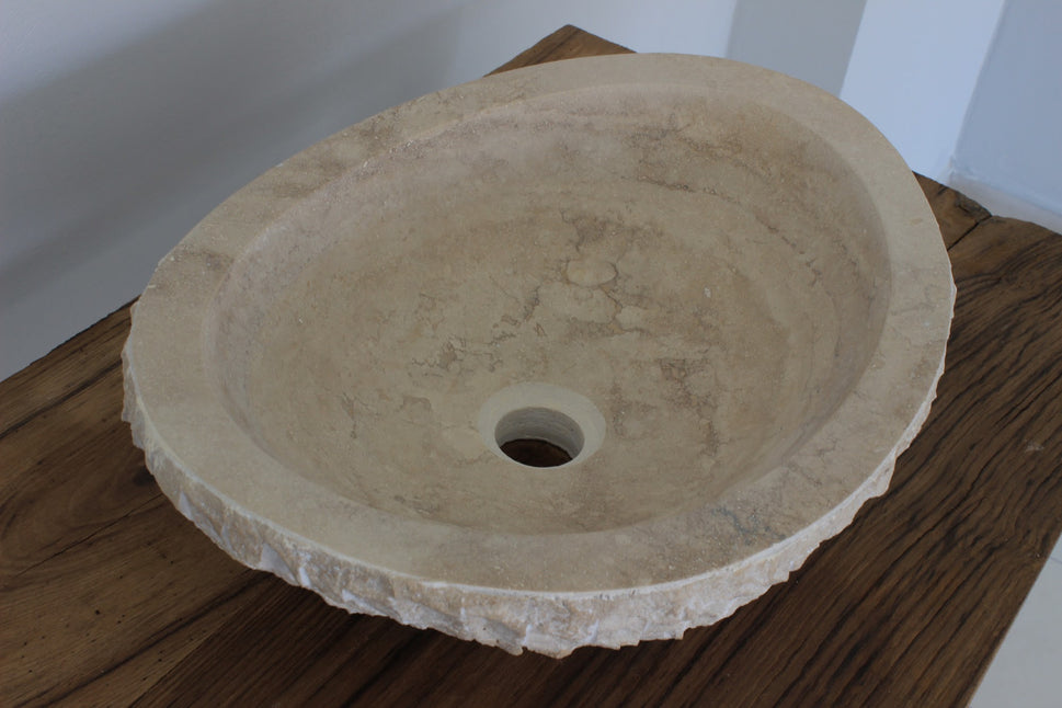 Hand-Carved Raw Chiseled Travertine Vessel Sink – Oval Organic Natural Stone Basin
