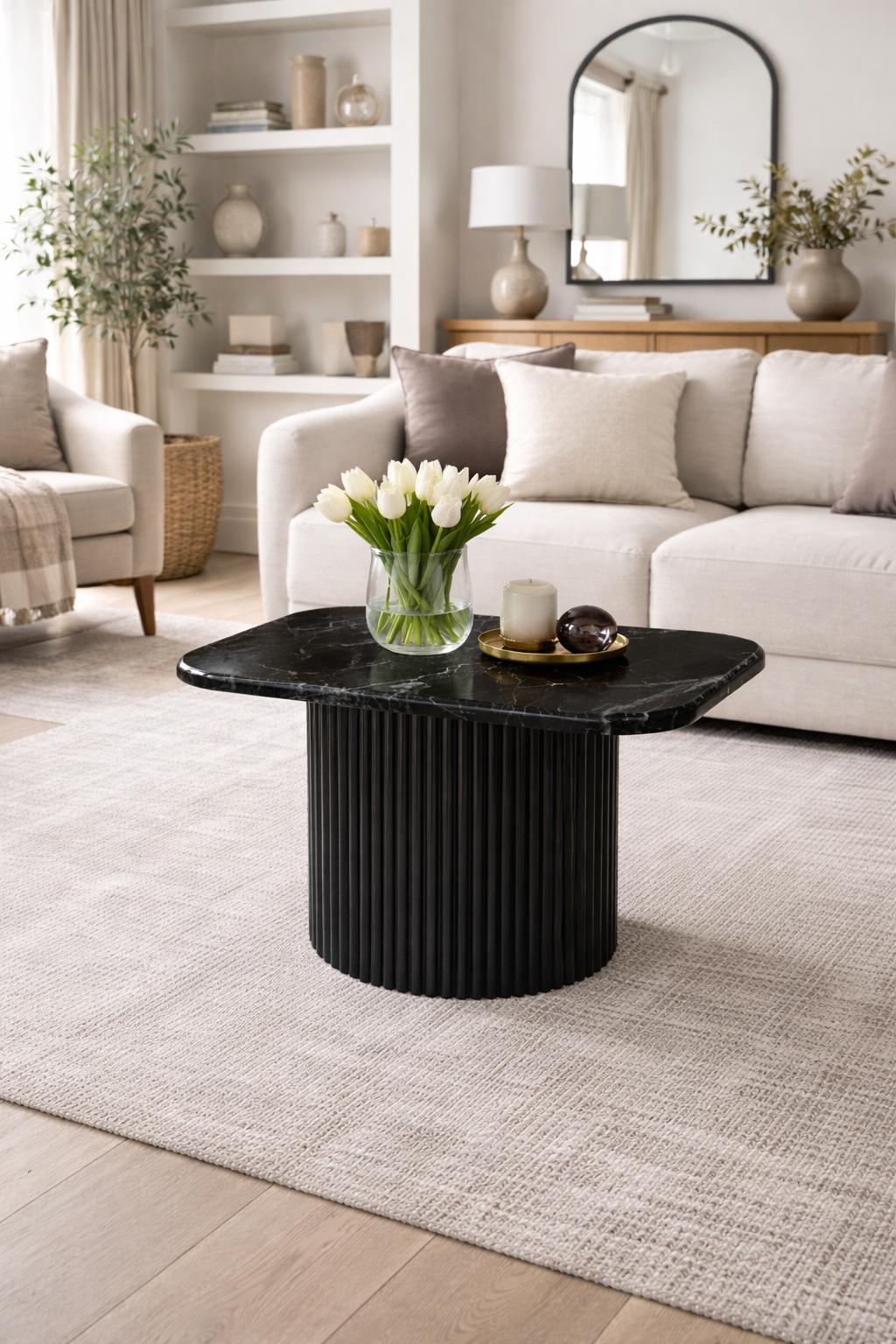 Black Marble Coffee Table with Fluted Base