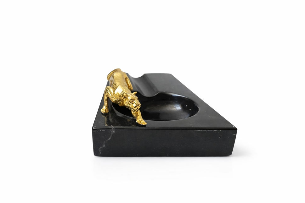 Black Marble Cigar Ashtray with Brass Figure