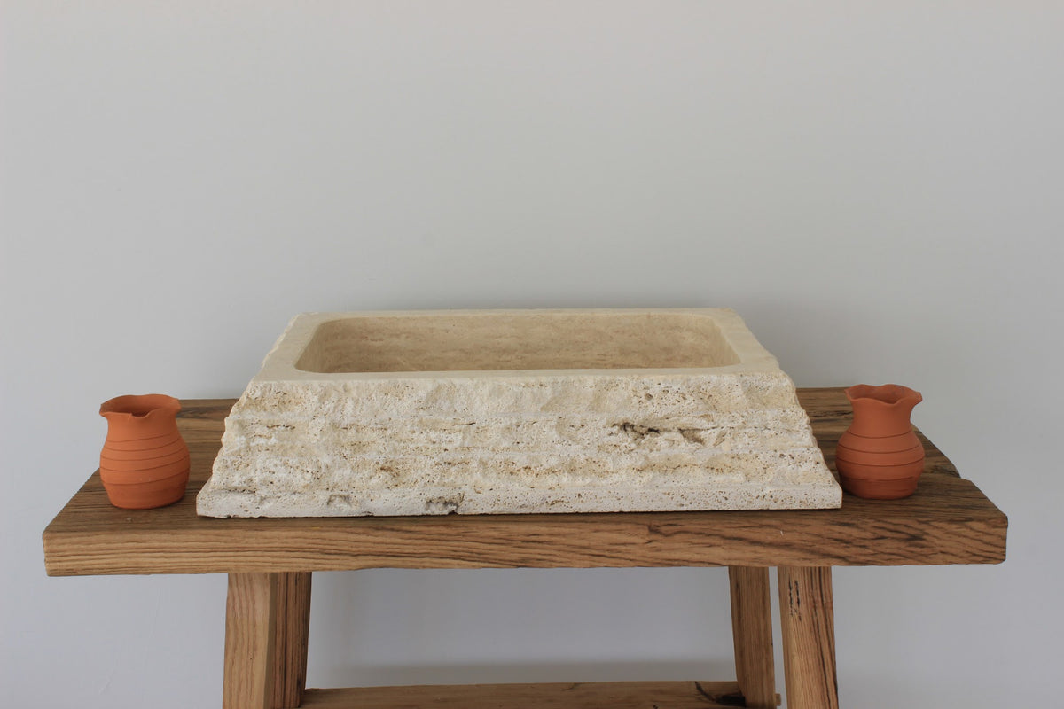Hand-Carved Chiseled Travertine Vessel Sink – Rectangular Rock-Face Natural Stone Basin
