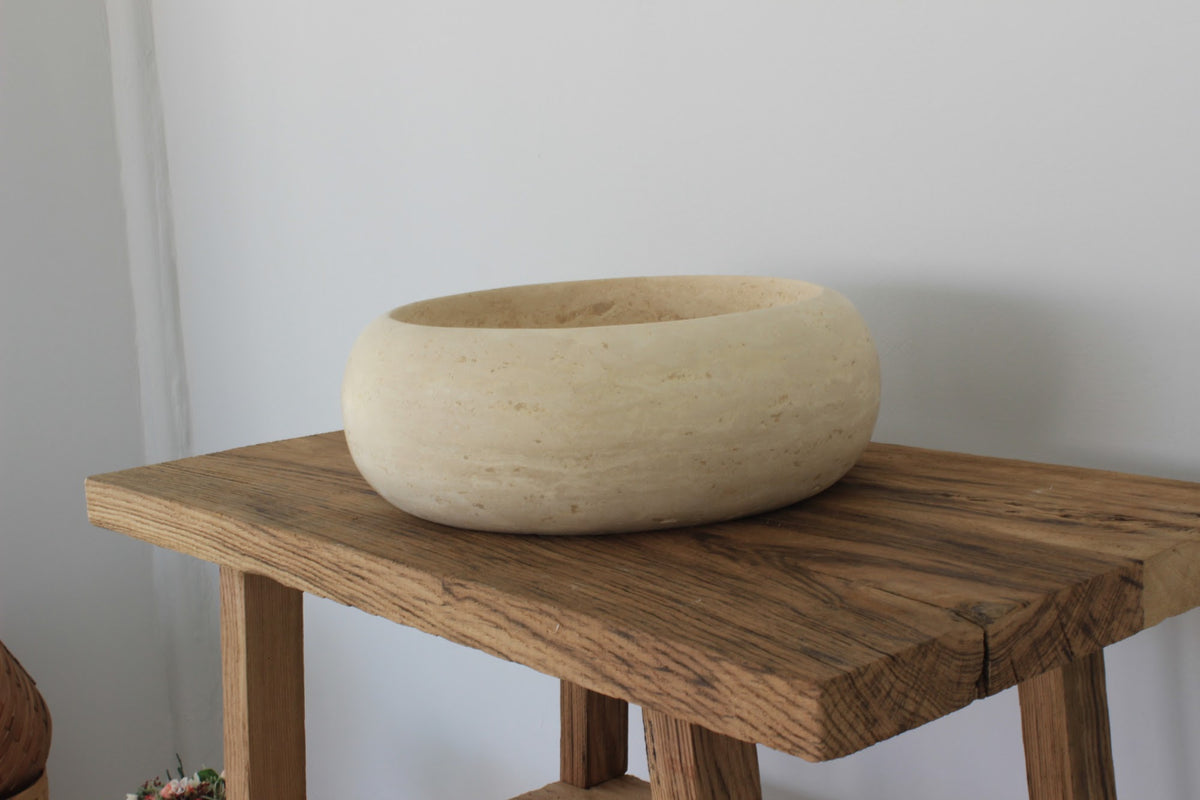 Hand-Carved Zen Pebble Limestone Vessel Sink – Round Matte Cream Natural Stone Basin