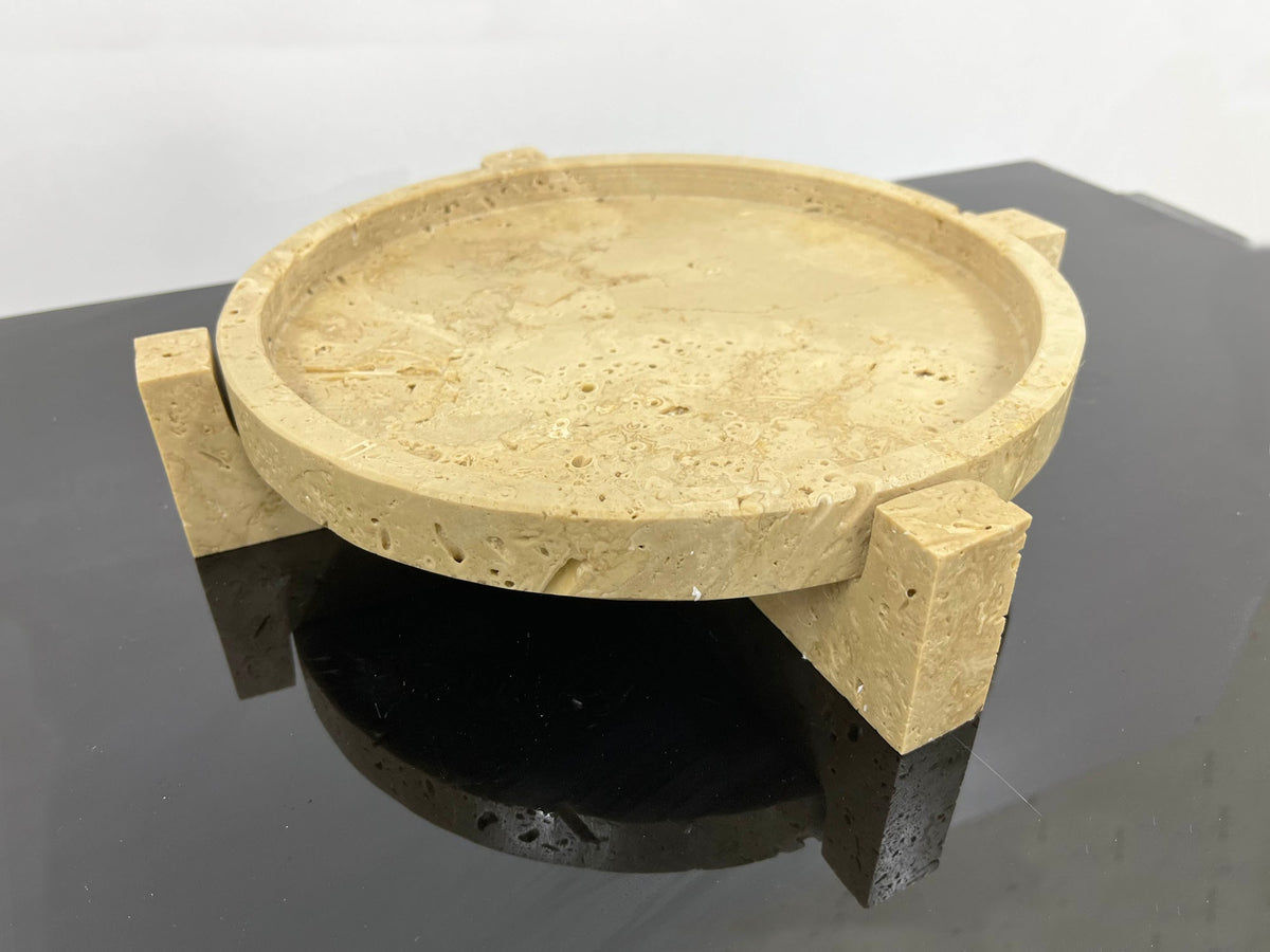 Round Travertine Tray on Block Feet