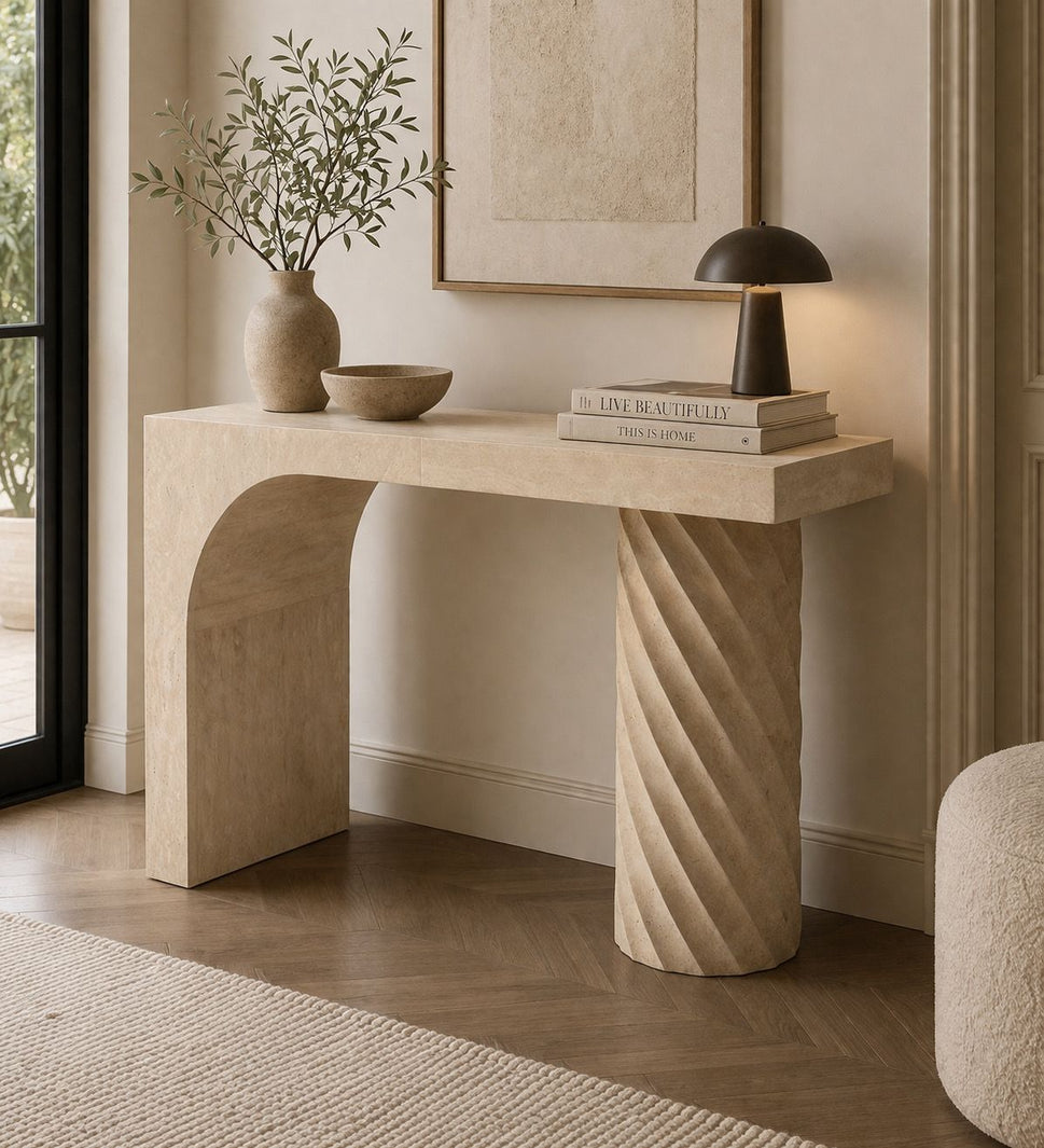 Travertine Arch Console Table with Twisted Leg
