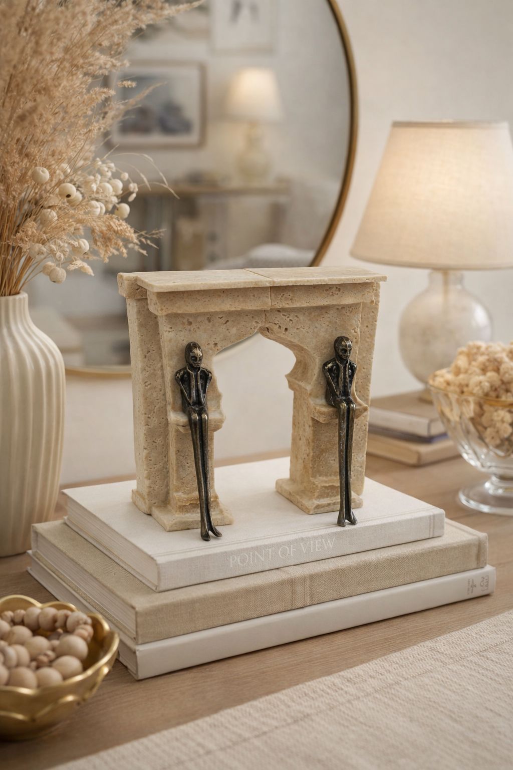 Travertine Arch Sculpture with Brass Figures