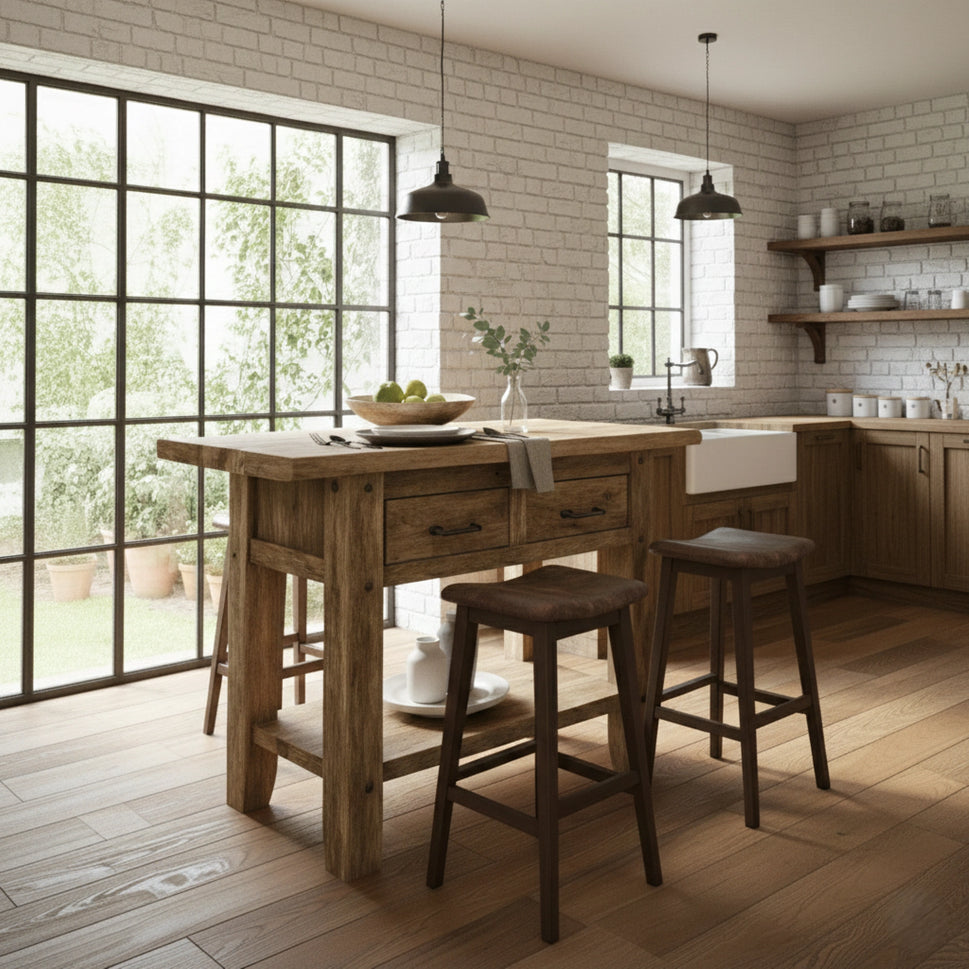 Kitchen Island with Two Drawers and Shelf - Rustic Farmhouse Live Edge