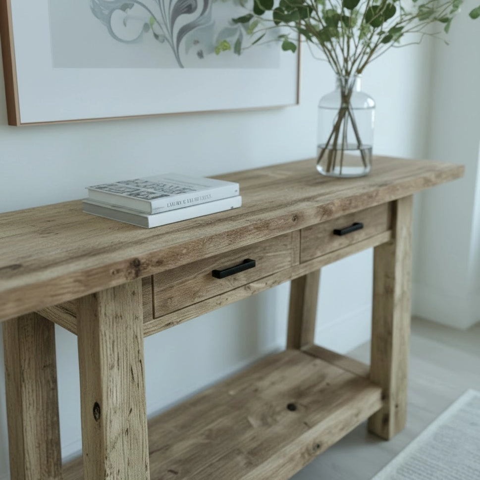 Reclaimed Console with Two Drawers and Shelf - Rustic Entryway Live Edge