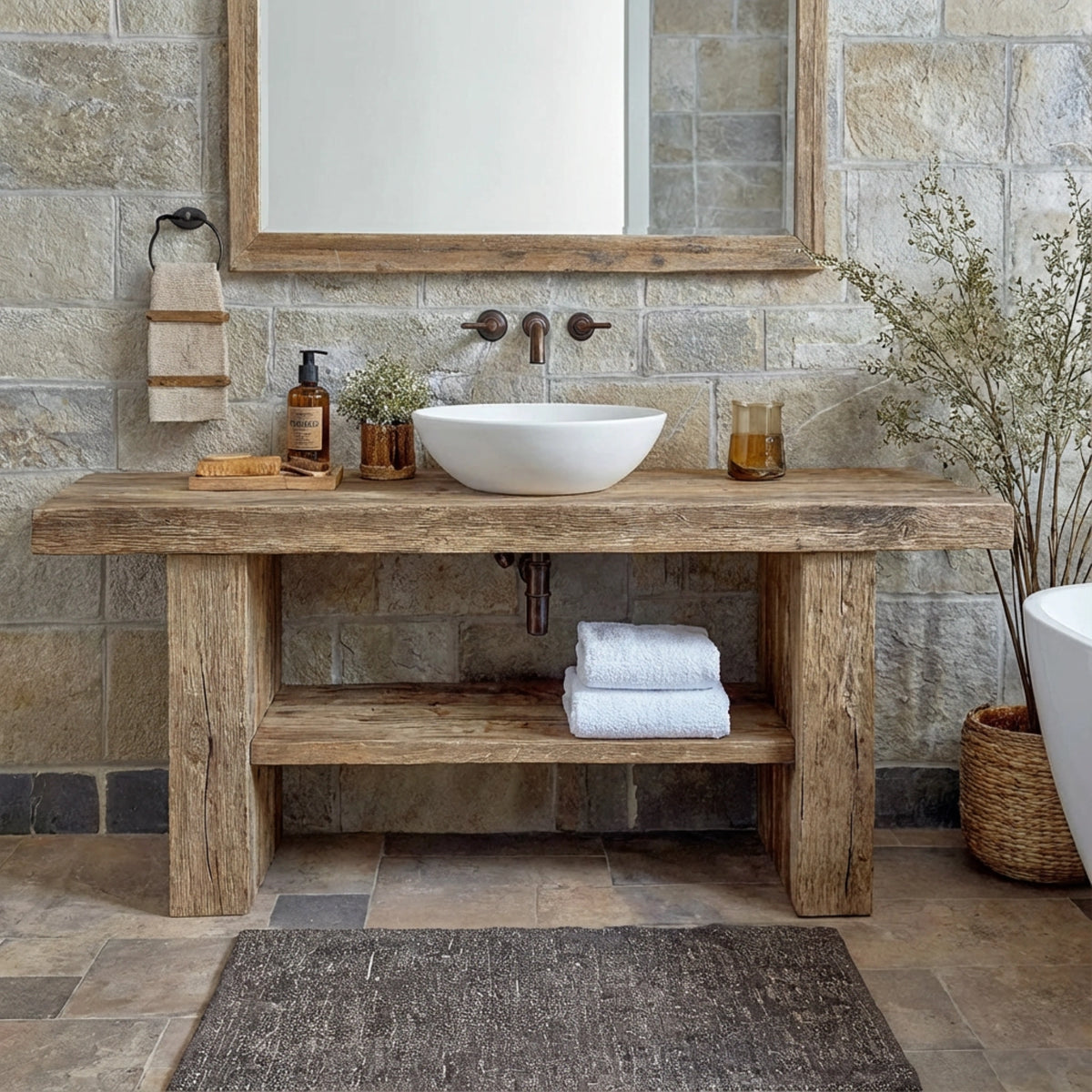 Long Beam Vanity with Towel Shelf - Rustic Farmhouse Live Edge