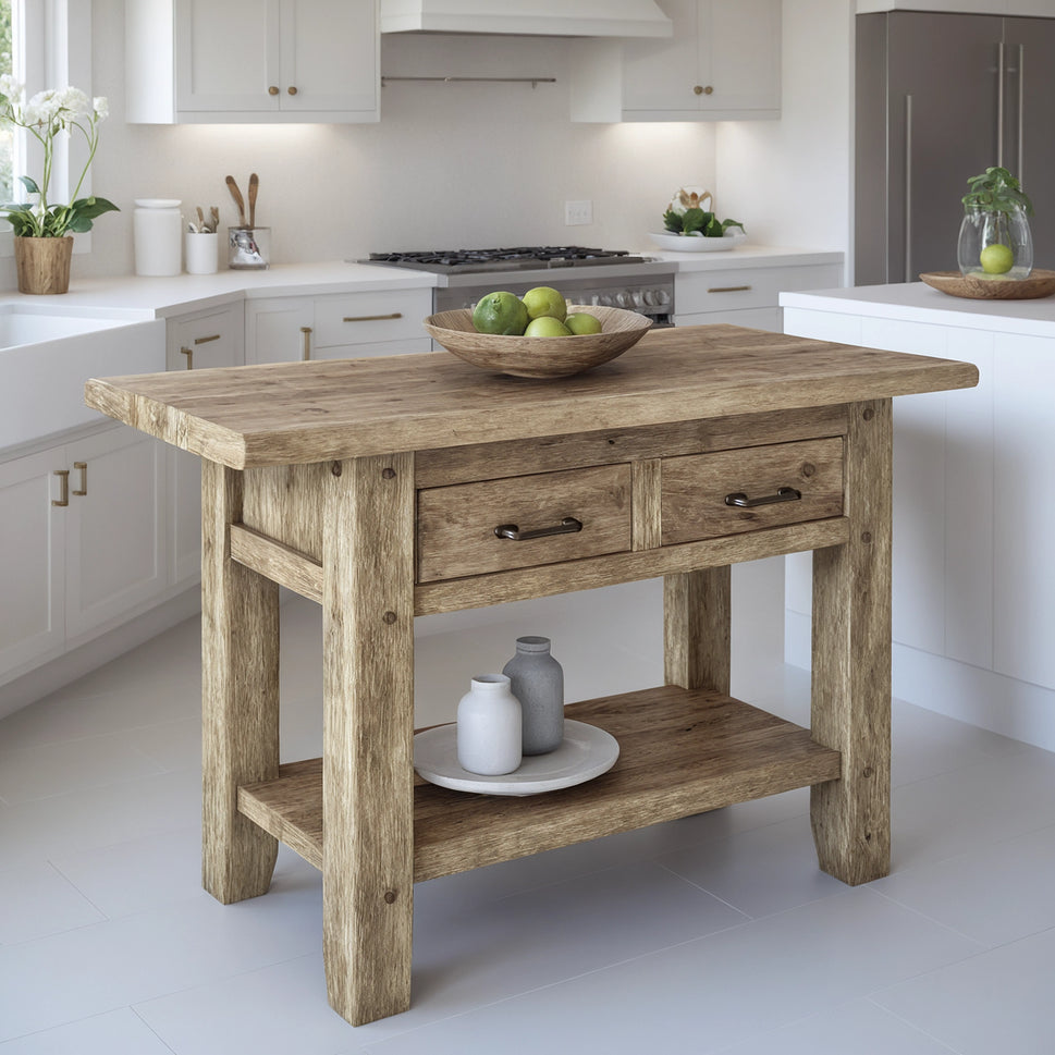 Kitchen Island with Two Drawers and Shelf - Rustic Farmhouse Live Edge