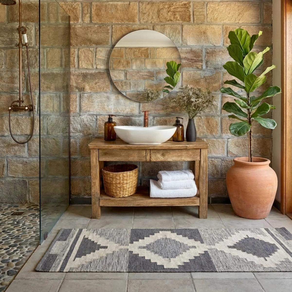 Oak Vanity with Basket Storage and Vessel Basin - Rustic Farmhouse Live Edge