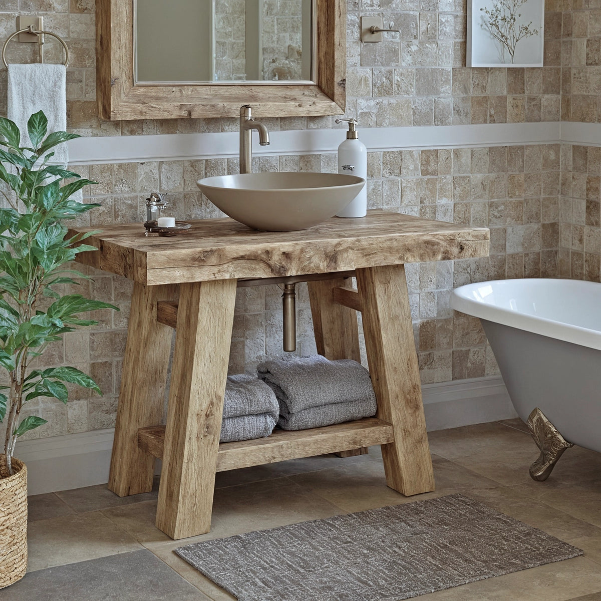 A-Frame Chunky Vanity with Round Basin - Rustic Farmhouse Live Edge